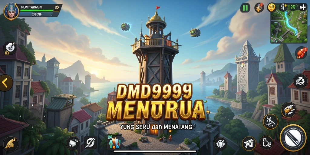 Tangkapan layar menampilkan aksi seru dalam DMD999 di medan perang Tower Defense.