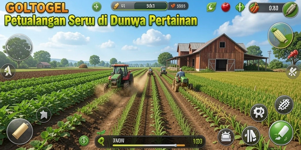 Screenshot utama GOLTOGEL menampilkan lahan pertanian yang hijau dan subur.