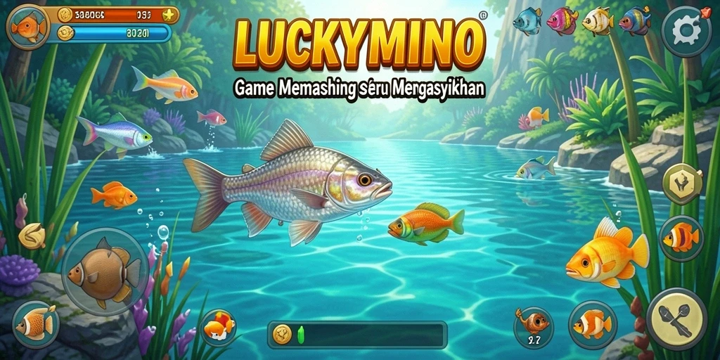 Screenshot gameplay LUCKYMINO menampilkan aksi memancing yang seru dan menantang.