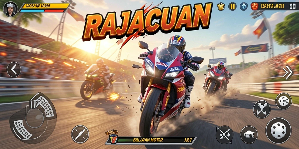 Screenshot gameplay RAJACUAN menampilkan aksi balapan motor yang menegangkan.