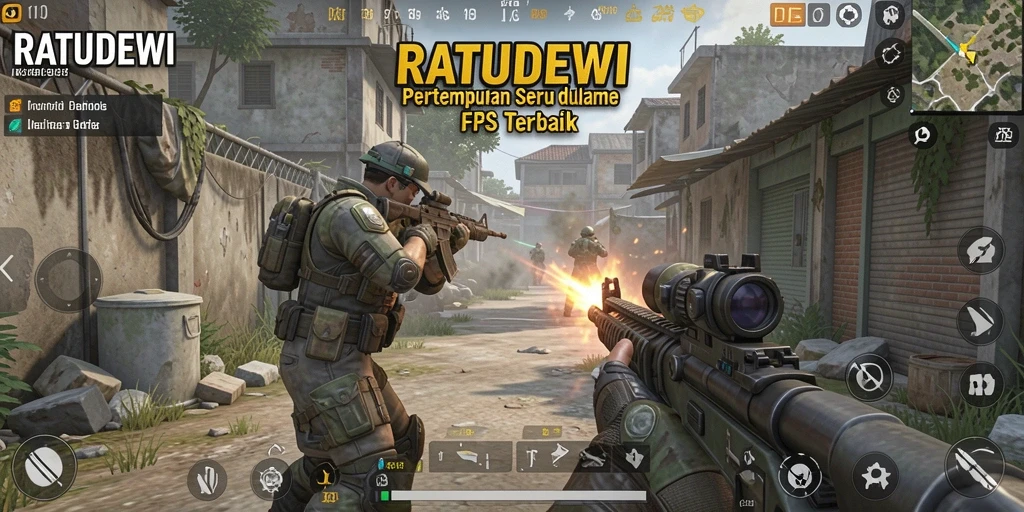 Tampilan gameplay RATUDEWI dengan aksi menegangkan dan senjata futuristik.